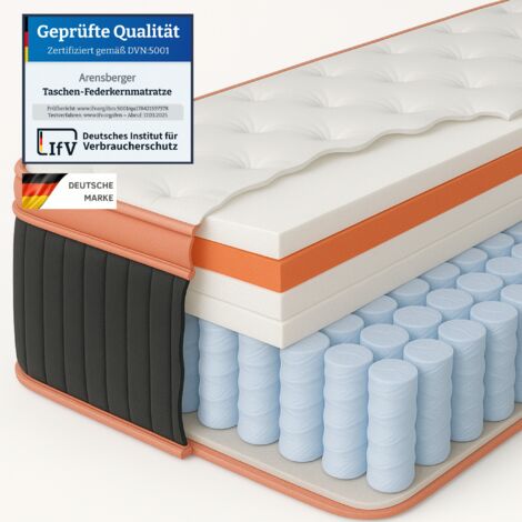 Arensberger Kupfermatratze mit Federkern & Kupferschaum + integrierter Topper 90x200 cm Höhe 25cm Härtegrad H3/ H4 Taschenfederkern Matratze Rollmatratze ergonomisch