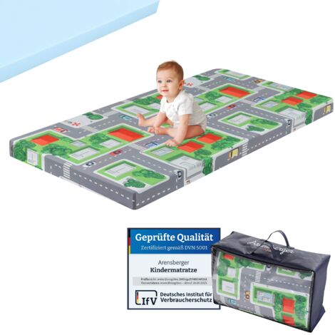 Arensberger Kinderreisebett Matratze 60x120 cm – faltbare Baby- & Kindermatratze mit Stadtmotiv, Nanocell Gelschaum, abnehmbarer Bezug & Tragetasche