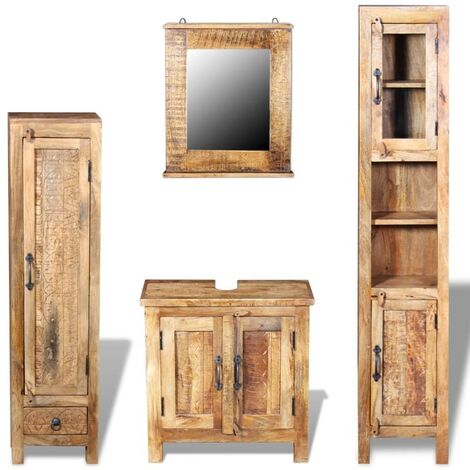 Hommoo Vanity Cabinet with Mirror and 2 Side Cabinets Solid Mango Wood