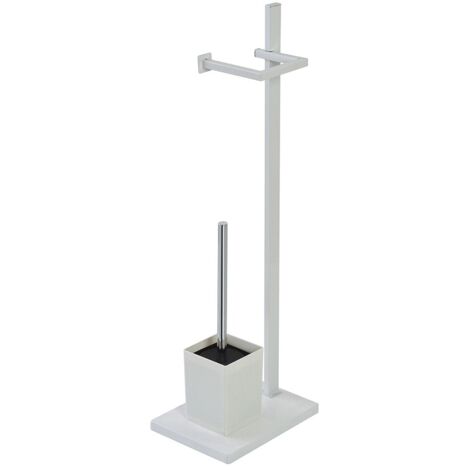 Piantana Portarotolo e Portascopino in Acciaio Bianco, Base Bianca in MDF