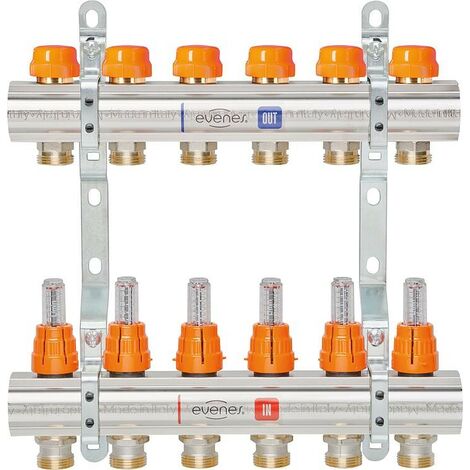 Collecteur de circuit de chauffage evenes M 6,7 Dynamic, DN25 (1") laiton, 7 circuits de chauffage avec débitmètre (1/2)