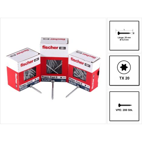 Fischer 200x Power-Fast II FPF II PTF 4,5 x 25 mm BC Pan Head avec étoile interne TX20 filetage complet électro-galvanisé passivé bleu - 670329 (1/5)
