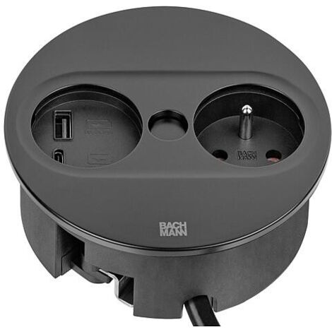 Bachmann TWIST 2 prise de table, 1x UTE, 1xUSB-A/-C Charger, noir mat, ronde, France