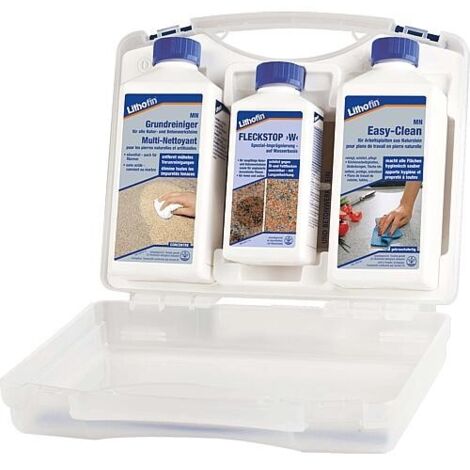 Kit d’entretien 1 pour tous les plans de travail en pierre naturelle LITHOFIN - 3 pièces : MN nettoyant de base, Fleckstop