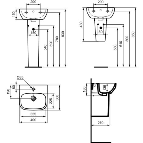 Ideal Standard – Lave-mains suspendu céramique blanc – Dimensions 400x150x360 mm – Avec trop-plein et trou central pour robinetterie – Idéal pour salle de bain