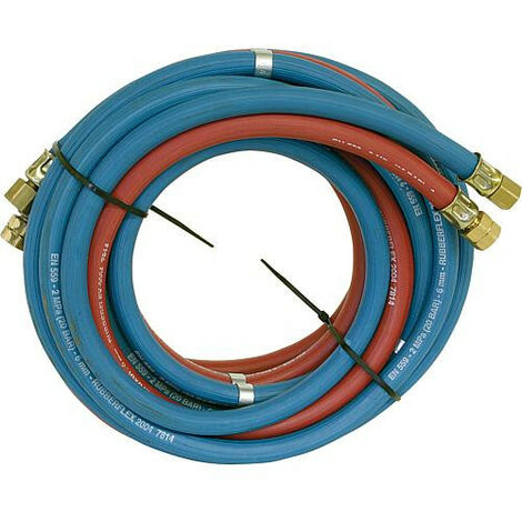 Banyo – Tuyau acétylène 9 x 3,5 mm – Tuyau oxygène 6 x 5,0 mm – Longueur 5 mètres – Écrou-raccord DN 8 droite, DN 10 gauche