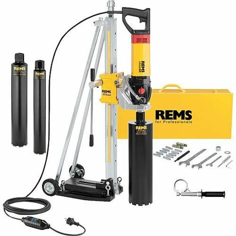 Rems – Carotteuse à diamant 2200W – Support de forage inclus – 3 couronnes à fleurets D 62/82/132mm – Pour béton armé et maçonnerie