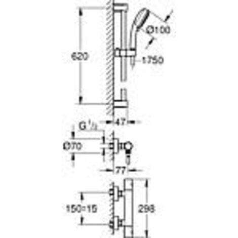 Kit de douche douche Grohe avec mitigeuGrohtherm 800 C, barre de douche 600 mm, douchette Ø 100 mm et flexible de douche chrome