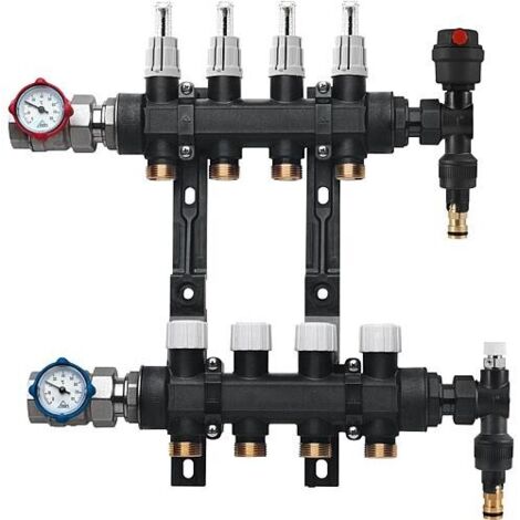 RBM – Kit collecteur polymère 3+3 voies – Filetage 1” – Plage de température 5 à 80 °C – Pression max 8 bar – Débitmètres intégrés