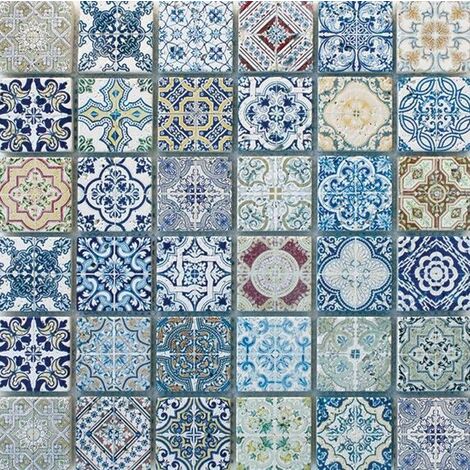 Banyo – Mosaïque travertin décoré 48x48mm – Plaque 305x305mm – Pour murs et sols – Décoration originale pour espaces humides