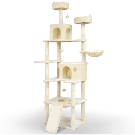 VOUNOT® Katzenbaum 215cm, mehrstöckiger Katzenmöbel XXL, mit Korb, Plüschbälle, Dicke stämme, Kletterbaum für Katzen, Beige
