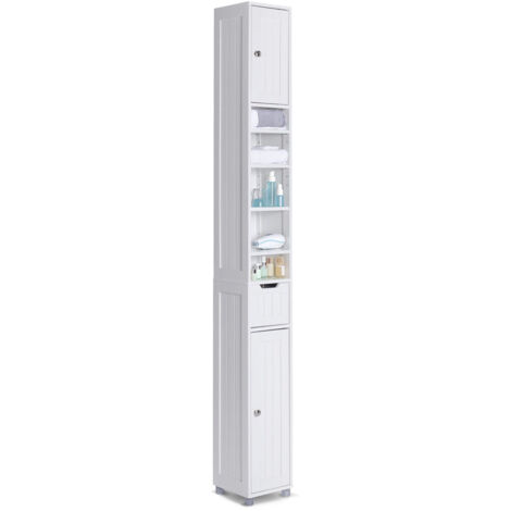 VOUNOT® Badezimmerschrank Hoch mit 2 Türen und 1 Schublade, Badschrank Schmal, Badezimmer Hochschrank, 20x20x180cm, Weiss