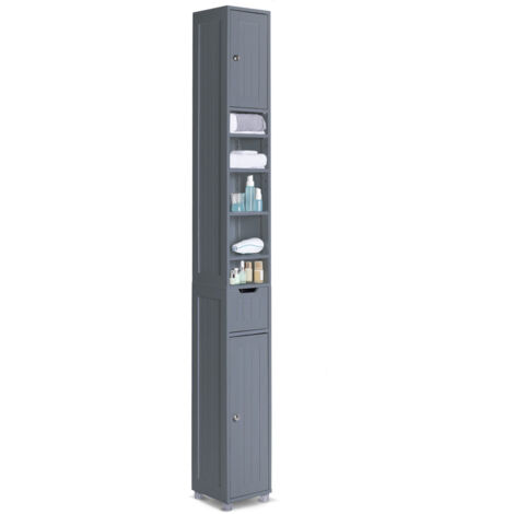 VOUNOT® Badezimmerschrank Hoch mit 2 Türen und 1 Schublade, Badschrank Schmal, Badezimmer Hochschrank, 20x20x180cm, Grau