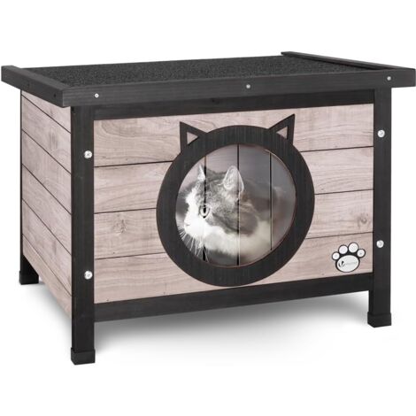VOUNOT® Katzenhaus aus Holz, Katzenhaus mit Asphaltdach, Draussen Katzenhütte 57 x 45 x 43 cm, Grau