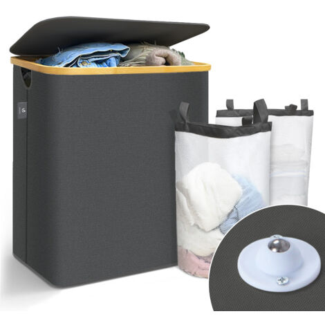 VOUNOT® Wäschekorb mit Deckel & Wäschesäcke 145L, Faltbarer Wäschesammler 2 Fächer, Grau