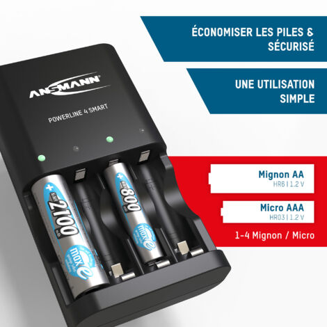 Chargeur ANSMANN Powerline 4 Pro - Pour 1 à 4 Piles AA/AAA NiMH/NiCd, Port USB, écran LCD