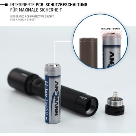 Batt. li-Ion ANSMANN 18650 (3,6V, 3500 mAh) avec Safetyboard pour lampe, etc.