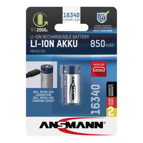4 Piles Rechargeables CR123 USB - 850 MAh Li-Ion Avec Port Type C - PowerSmart