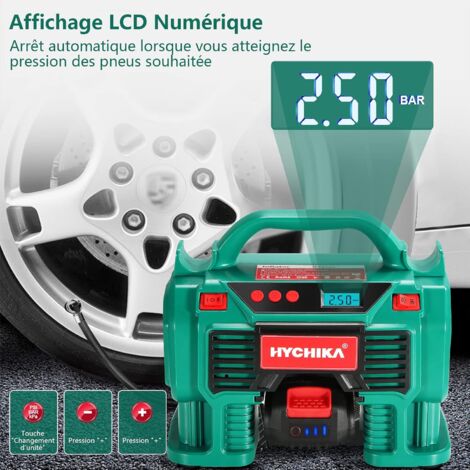 HYCHIKA Compresseur d'air Portatif 18V, Electrique Gonfleur Pneus Voiture, Alimenté par 2A Batterie/Allume Cigare, Affichage Numérique de la Pression, LED Intégré, Convient pour Voiture, Moto