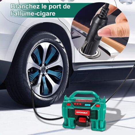 HYCHIKA Compresseur d'air Portatif 18V, Electrique Gonfleur Pneus Voiture, Alimenté par 2A Batterie/Allume Cigare, Affichage Numérique de la Pression, LED Intégré, Convient pour Voiture, Moto