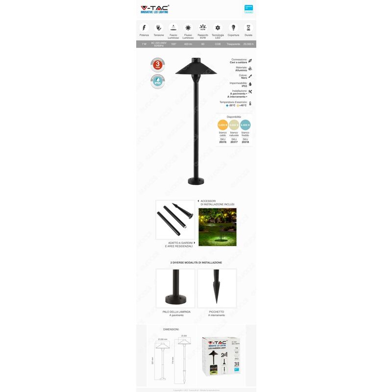 V-TAC SKU:20316 VT-907  PIANTANA LED 7W COB-SAMSUNG DA GIARDINO IP65  BIANCO CALDO