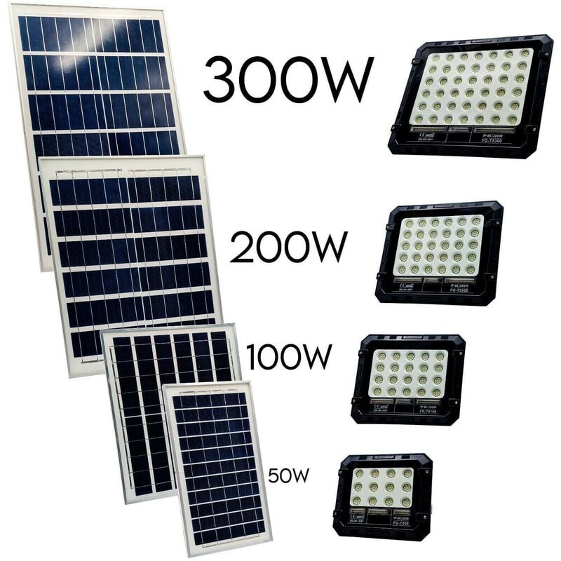 FARO LUCE LED CON PANNELLO SOLARE 50W 100W 200W 300W SENSORE CREPUSCOLARE  IP66 50