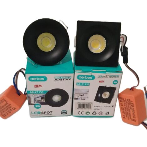Mini Faretto LED COB 3W NERO incasso a molle cartongesso Punto luce Spot fisso 240Lm 220V ip20 QUADRATO - Bianco Freddo