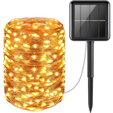 CATENA LUMINOSA NATALE 10 mt 100 LED FILO RAME PANNELLO SOLARE Picchetto 8 giochi  Bianco Caldo
