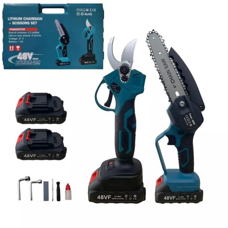 KIT 2 Pezzi Forbice Cesoia a Doppia Batteria 48V/88V DA Potatura + Motosega +Valigia
