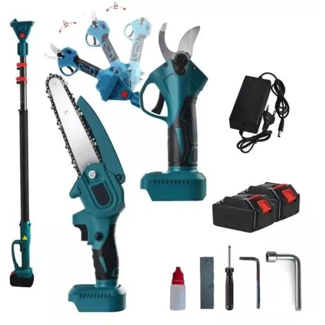 Kit potatura cesoia forbice + mini sega 6 pollici 2 batterie con asta telescopica snodo 175°