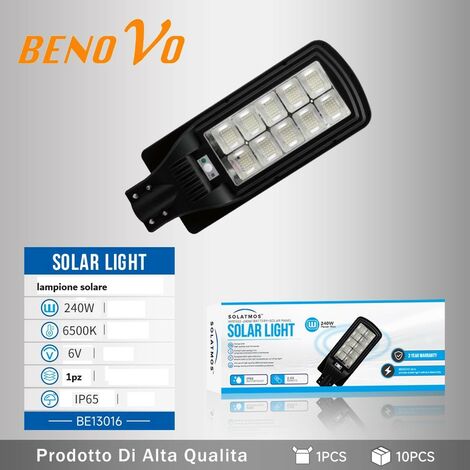 LAMPIONE LED 240W CON PANNELLO SOLARE SENSORE CREPUSCOLARE LUCE FREDDA 6500K IP65 CON TELECOMANDO