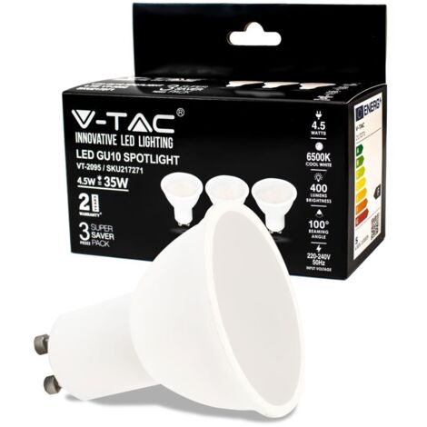 SUPER SAVER PACK 3X LAMPADINA LED GU10 4.5W FARETTO SPOTLIGHT SMDV-TAC VT-2095 - SKU 217269 / 217270 / 217271 Bianco Freddo