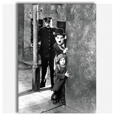 Charlie Chaplin & The Kid - stampa su tela in alta definizione con telaio  in legno 50x70