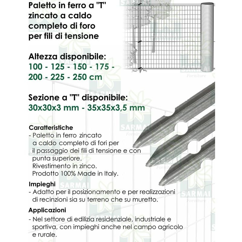 10 PZ Palo paletto in ferro a T 35x35x3,5 mm zincato a caldo in zinco per  rete recinzione metallica MADE IN ITALY (H 250 cm) : : Fai da te