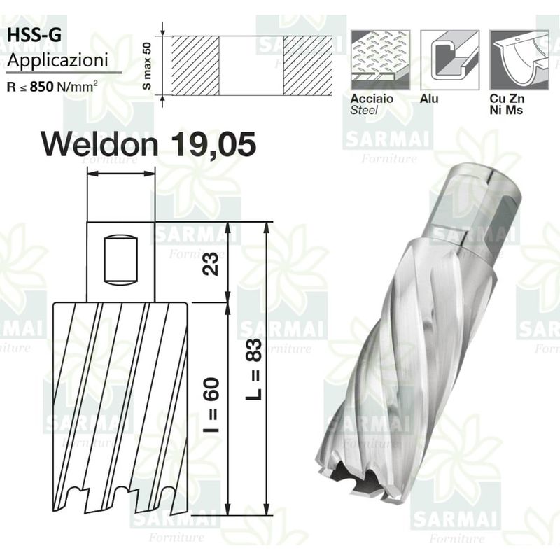 Krino fresa a carotare serie lunga 60 mm attacco WELDON per metallo