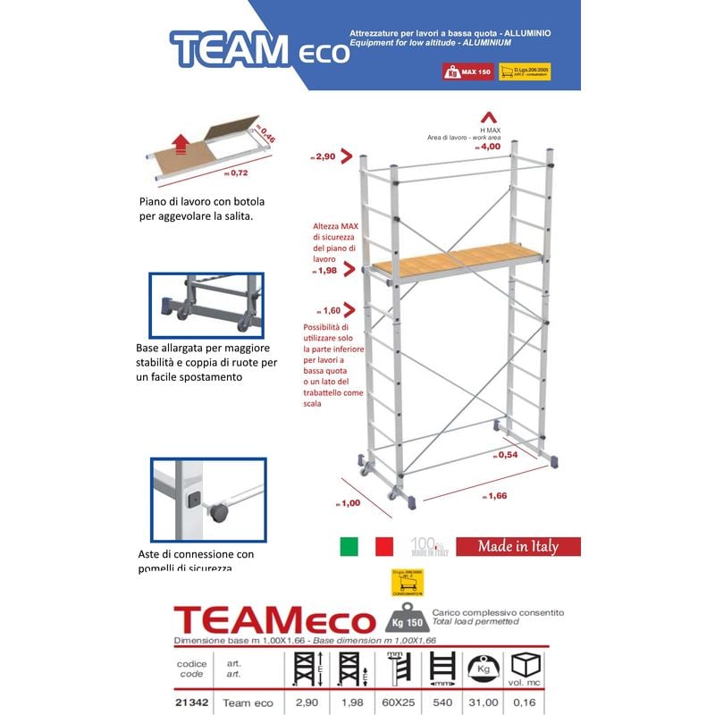 TRABATTELLO ALLUMINIO PONTEGGIO Marchetti Mobile con Ruote 150 Kg