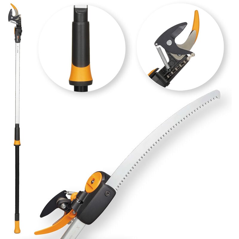 FISKARS UPX86 + SEGHETTO SEGACCIO SVETTATOIO TRONCARAMI TELESCOPICO H. 6  METRI