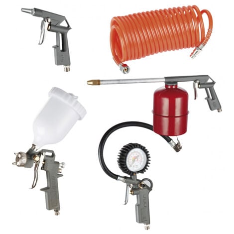 FIAC Kit Accessori Per Compressore 8 Pezzi, Inclusi Gonfiagomme Con Manometro, Pistola Di Soffiaggio, Aerografo, Pistola Lavaggio, Tubo A Spirale 5m, 3 Punte Di Gonfiaggio, Max. 8 Bar, Nero - Foto 2