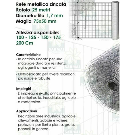 ROTOLO 25 m RETE METALLICA ZINCATA ELETTROSALDATA PER RECINZIONE - H 100 cm