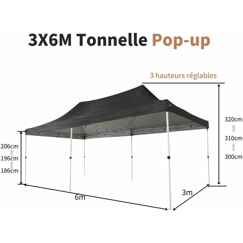 Wiltec Tonnelle de jardin étanche noire 3x6m Tente avec parois latérales  protection UV Pavillon