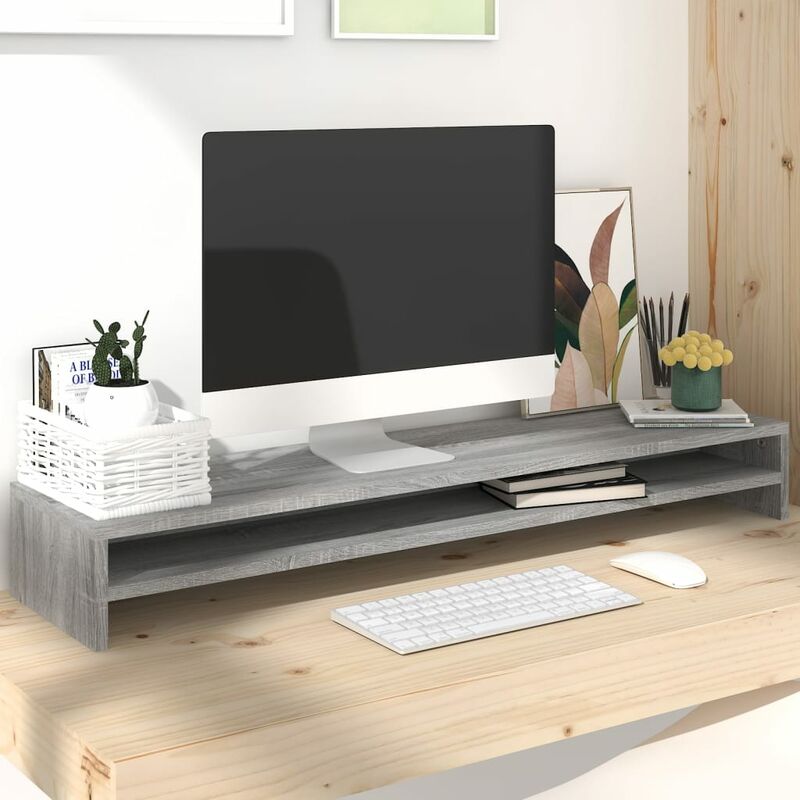 SoBuy Supporto Monitor pc da scrivania per 2 Monitors Angoli Girevole con 2  cassetti e Gomma Antiscivolo in Legno massello di bambù BBF04-N