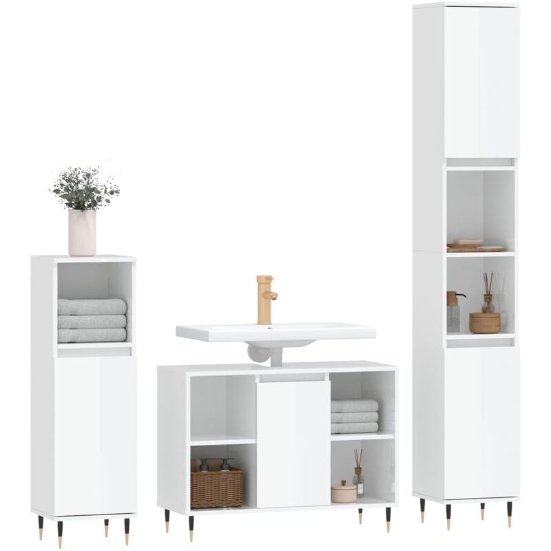 Set Mobili da Bagno 3 pz Bianco Lucido in Legno Multistrato