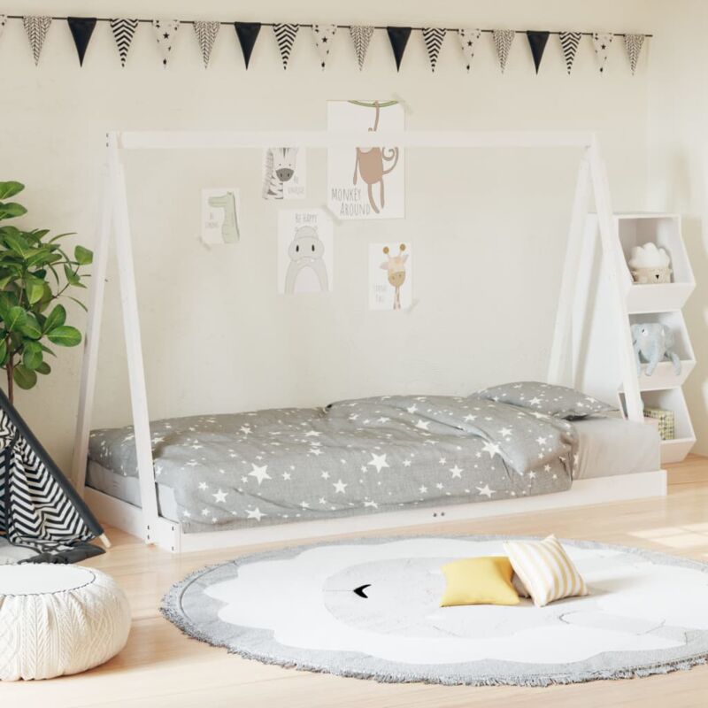 Letto per bambini 90x200cm, Letto a casetta con ripiano, in legno massello  con recinzione, bianco