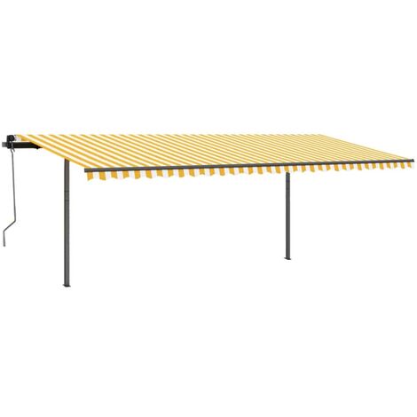 Tenda Da Sole Retrattile VidaXL 4x3,5m, Manuale Con Pali, Tessuto Giallo E Bianco, Telaio Grigio, Per Terrazzo E Giardino