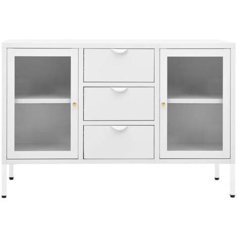 Credenza bassa,Armadietto,Mobile da Cucina Bianca 75x35x70 cm in Acciaio e  Vetro Temperato -BY31828