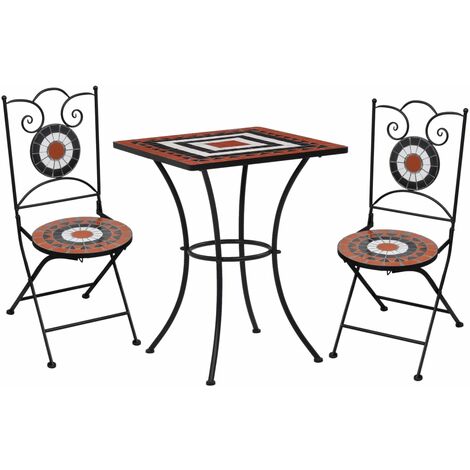 Set Giardino 3 Pezzi Bistrò - Tavolo E 2 Sedie Con Mosaico Ceramica Terracotta/Bianco, Struttura In Ferro, Per Esterno