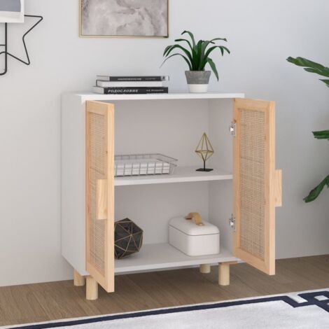 Credenza alta in legno con 6 scomparti - 2 ante in rattan e vetro - stile  country - naturale