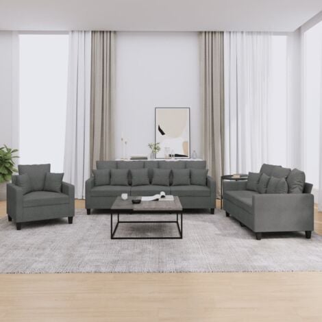 Set di Divani 3 pz con Cuscini Grigio Scuro in Tessuto