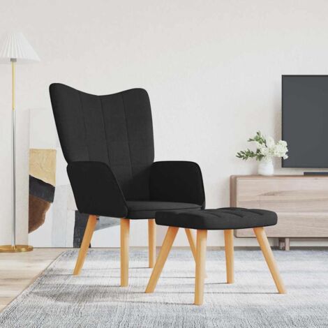 VidaXL Poltrona Relax Con Poggiapiedi – Tessuto Nero, Struttura Acciaio E Gambe Legno, 61,5x69x95,5 Cm