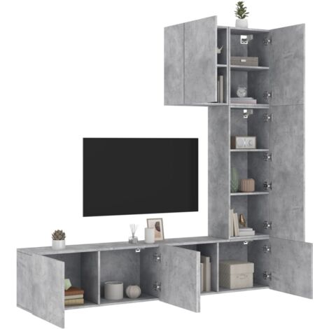 vidaXL Mobili TV a Muro con LED 4pz Grigio Cemento Legno